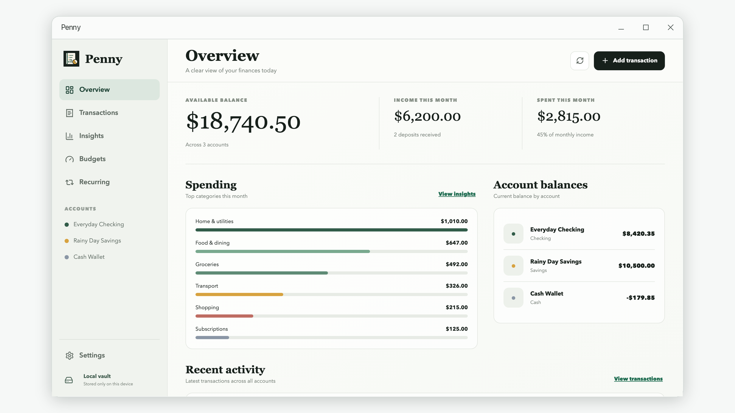 Penny overview showing account balances, monthly cash flow, budget progress, and upcoming activity