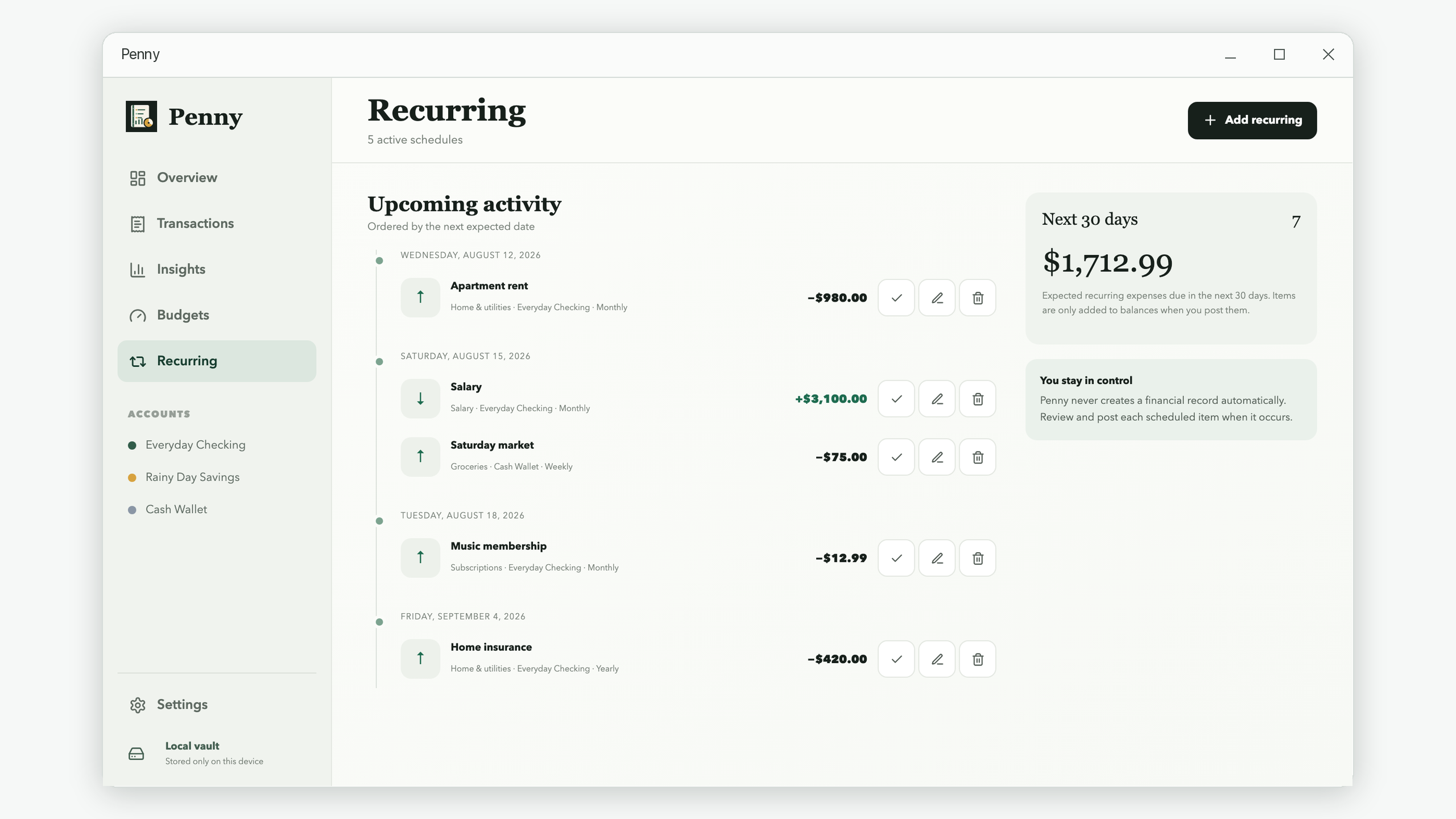 Penny recurring income and expense schedule