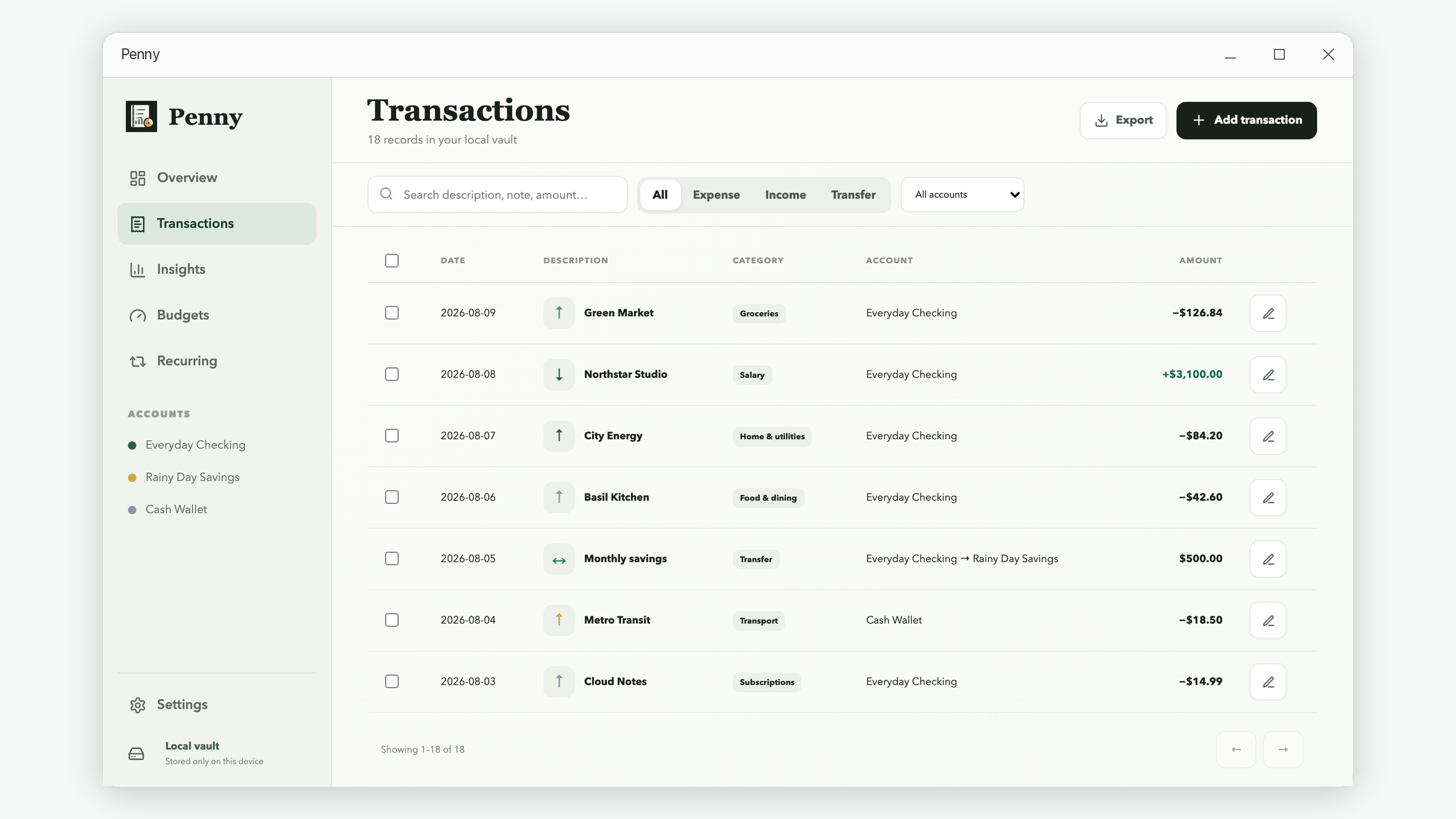 A transaction register with expenses, income, accounts, dates, and categories